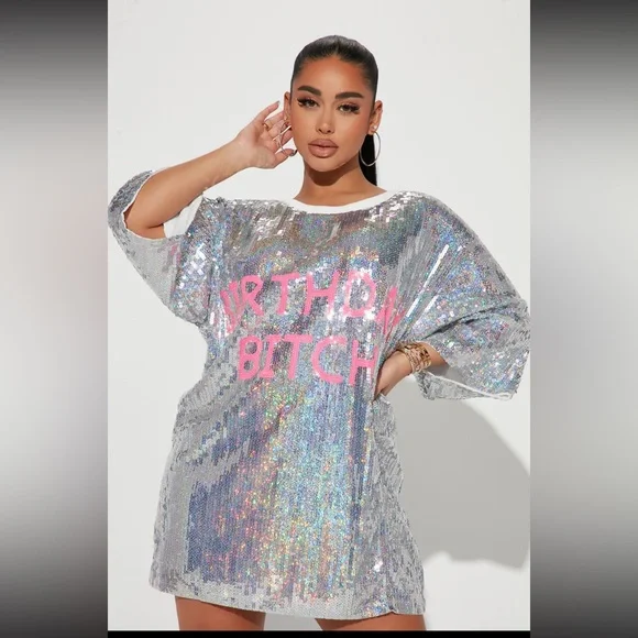 Fashion Nova Birthday B***h Sliver Sequin Mini Dress - Picture 3 of 14